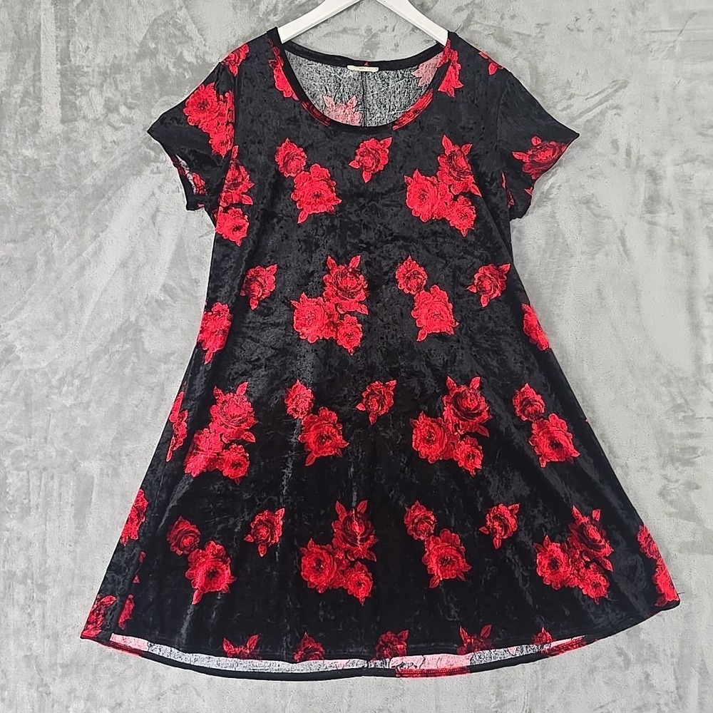 Whimsigoth Grunge Velvet Mini Dress 2x Black Red Roses Ribbon Lace Up
